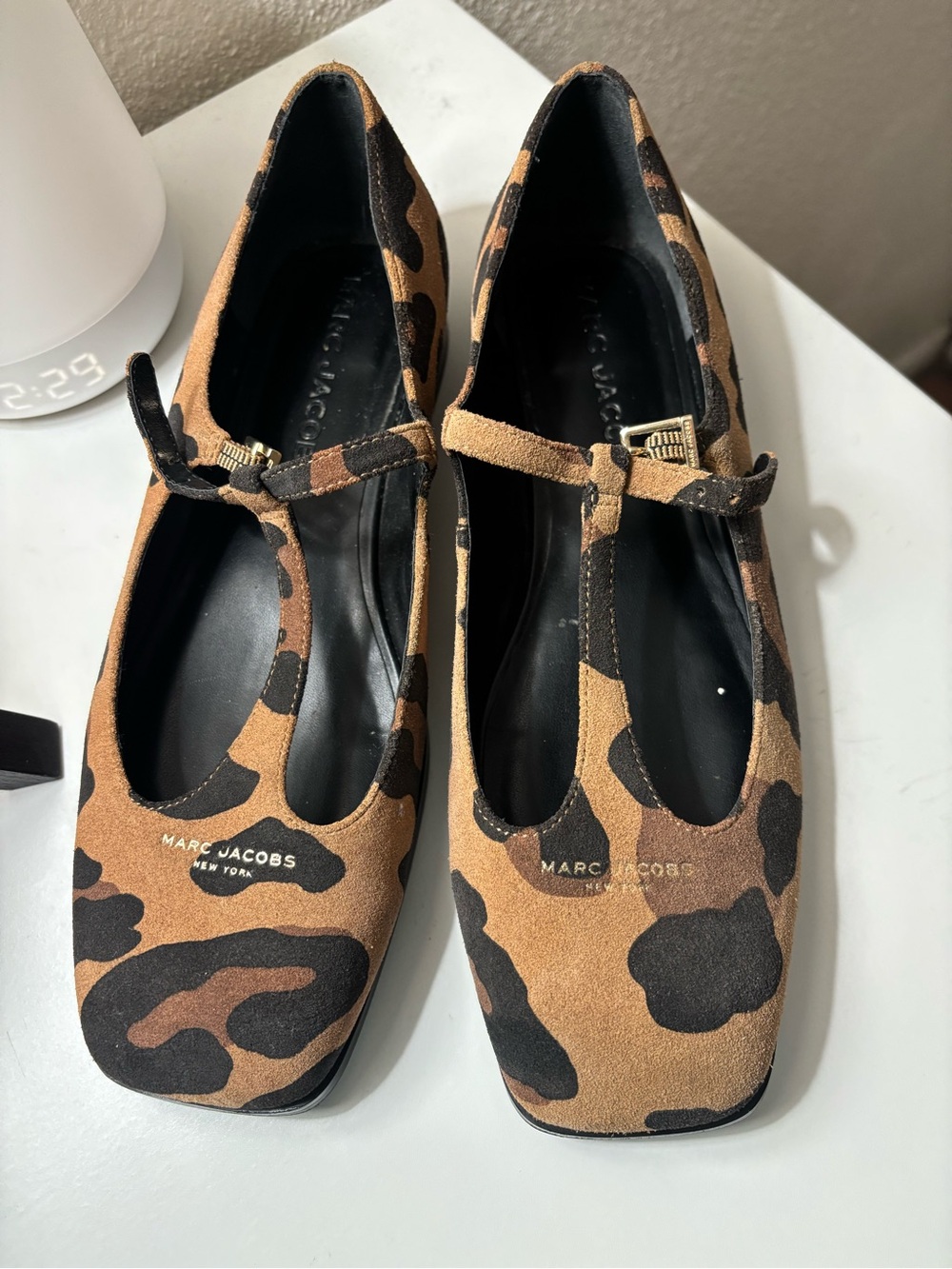 Marc Jacobs Tan and Black Leopard-Print T-Strap Flats